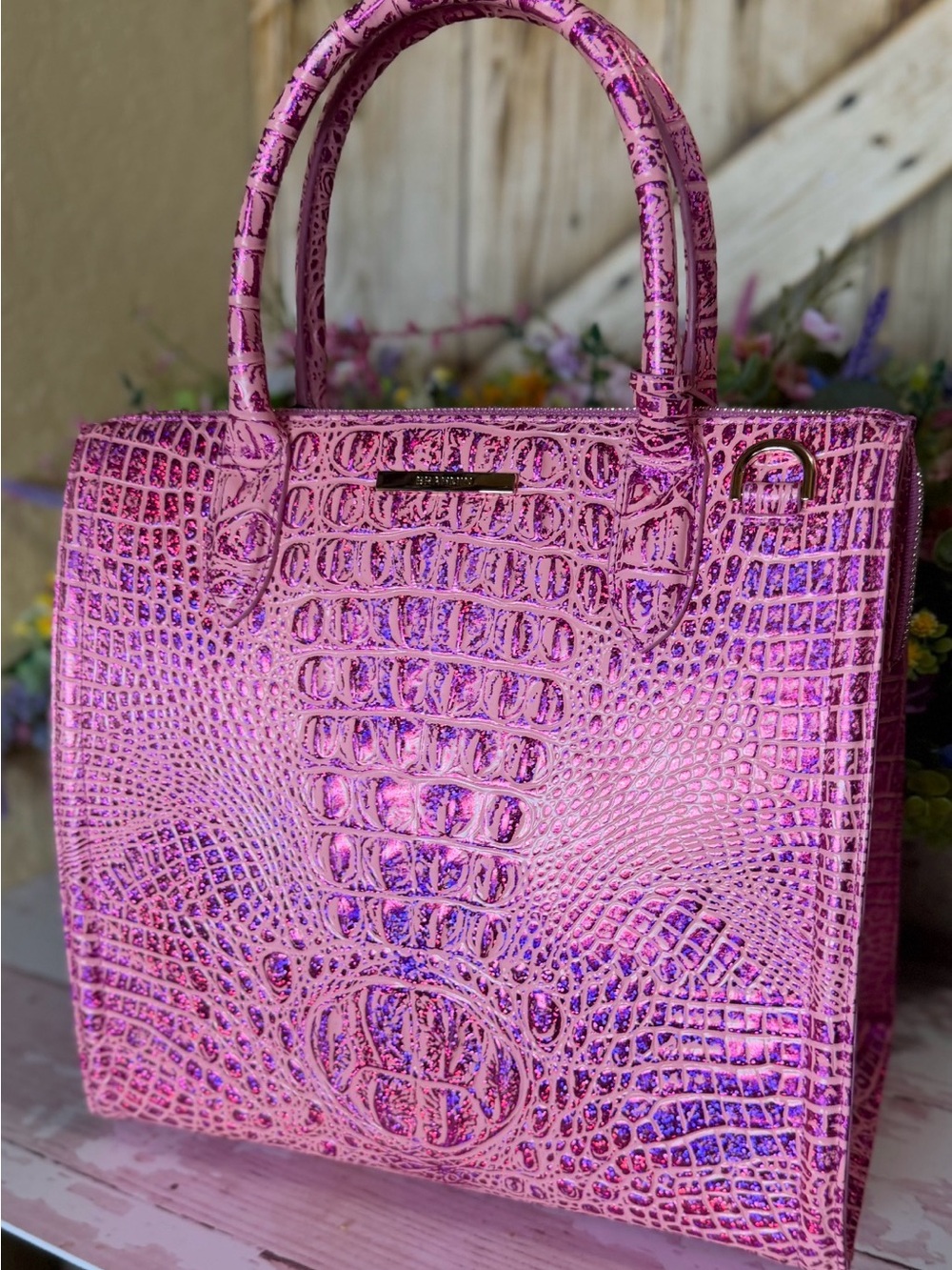 NWT Brahmin Caroline Empower Melbourne Leather Pink Purple sparkle FIRM $ 2 EYES - Picture 11 of 16